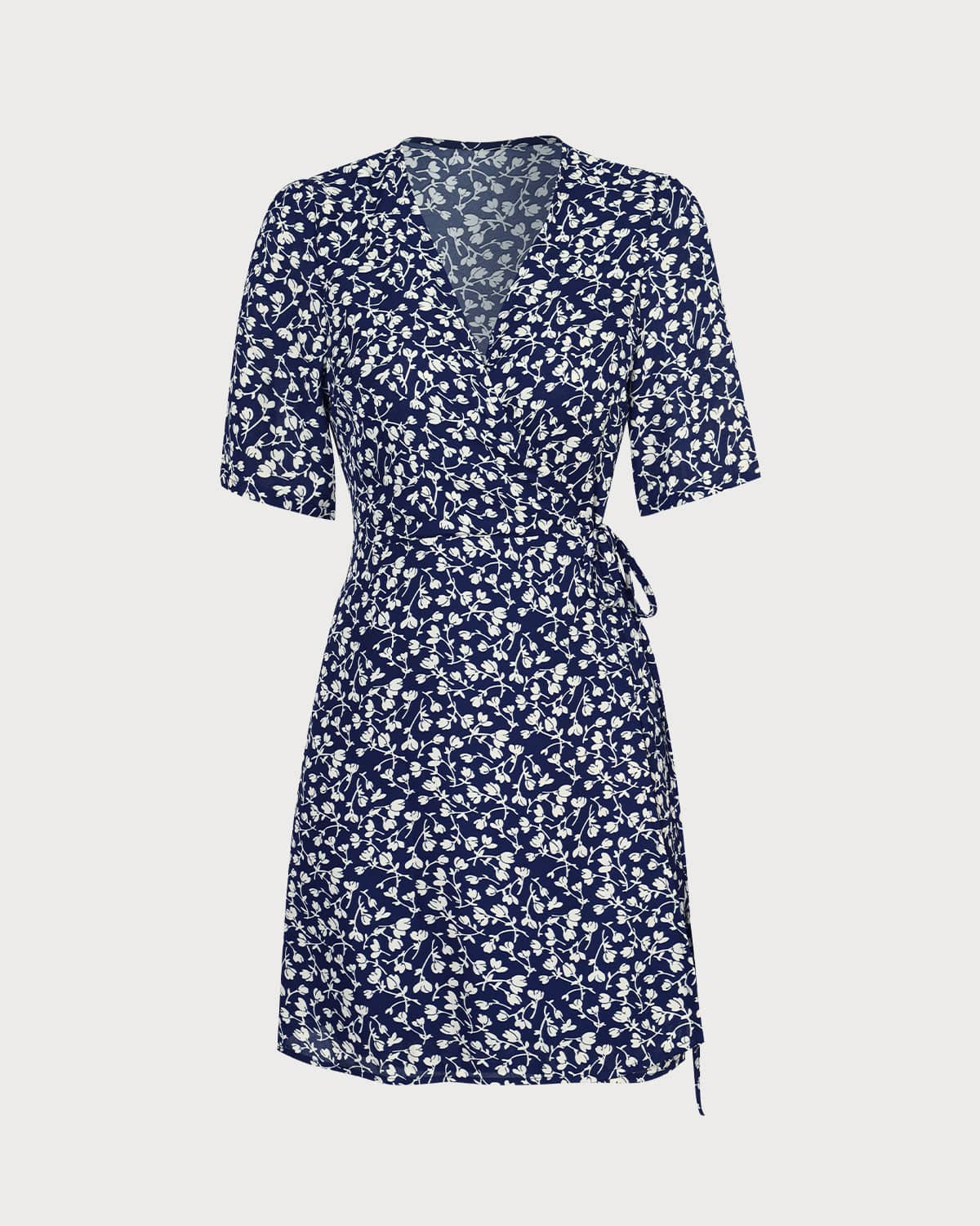 The Navy V Neck Floral Wrap Mini Dress